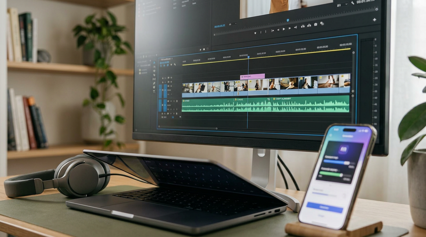 A content creator's desk setup showing the process of editing custom AI voiceovers into a video timeline.
