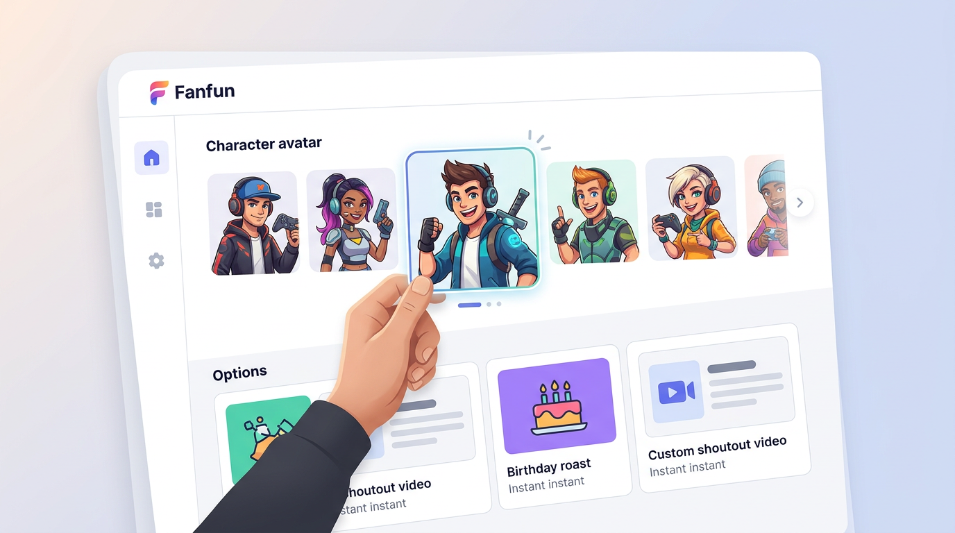 A mockup of the Fanfun interface showing options for generating personalized high-energy character videos.