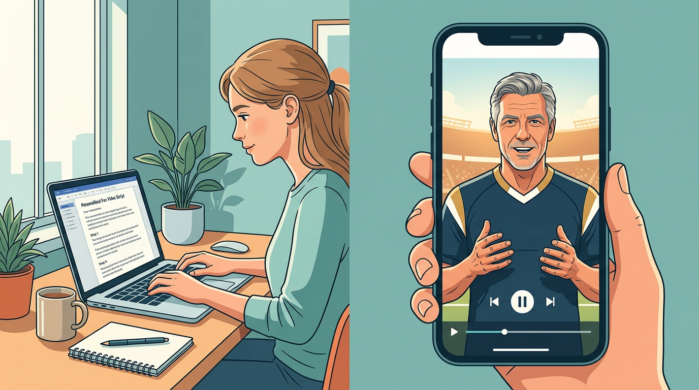 A split-screen showing a content creator writing a script and an AI-generated sports video playing on a mobile phone.