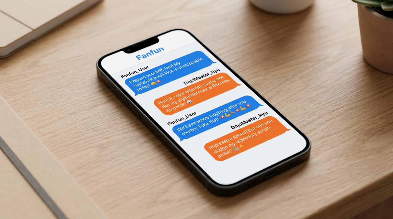 A smartphone screen showing an interactive AI chat session with a custom character on Fanfun.