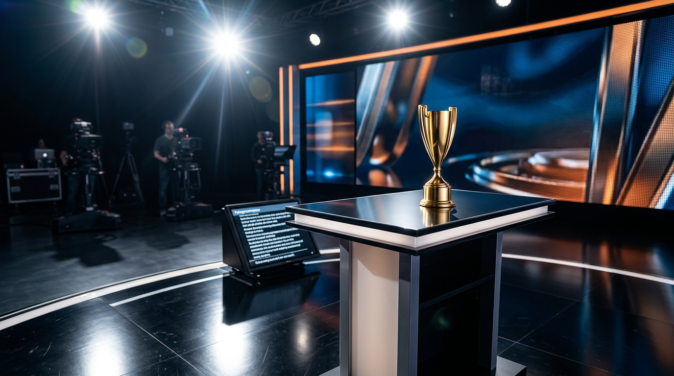 A modern television studio stage with bright spotlights and hosting equipment
