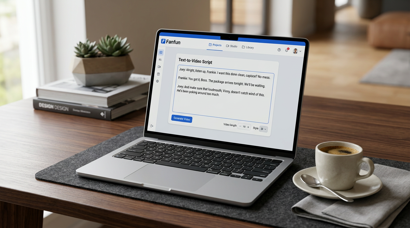 A laptop showing the Fanfun platform interface with a custom script being prepared for AI video generation.