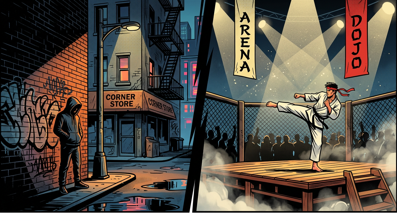 A split-screen graphic showing a gritty urban street and a retro martial arts arena in a high-contrast pop-art style.