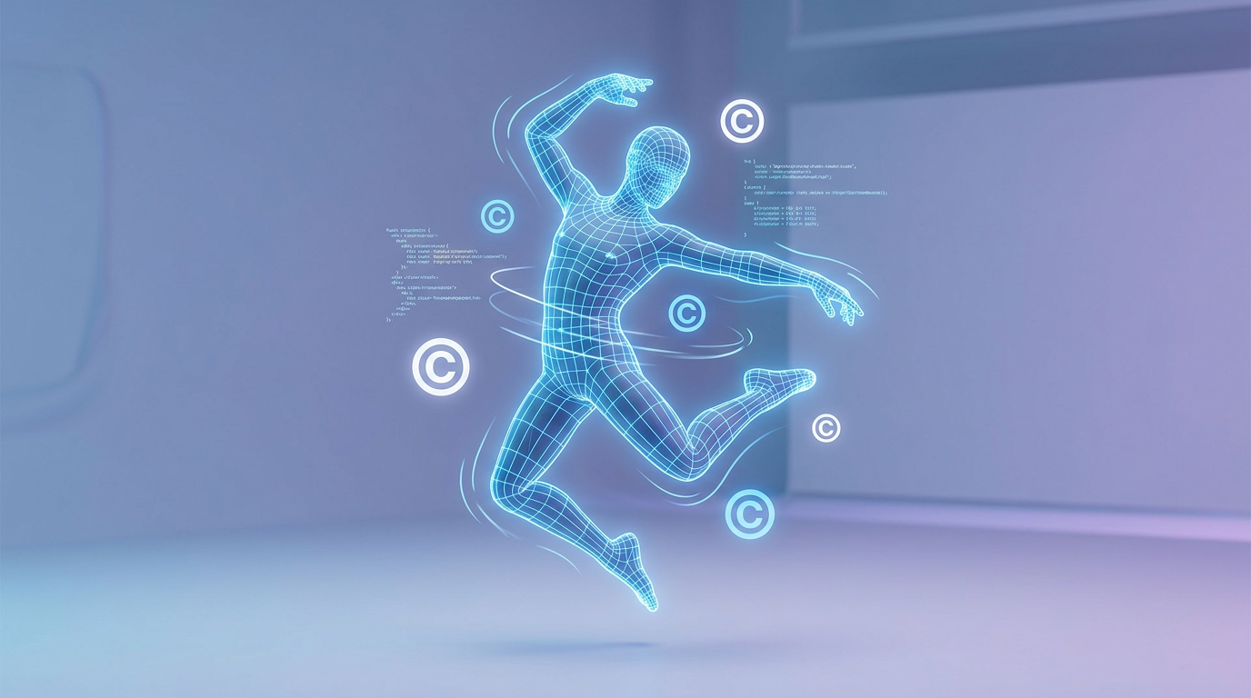 A digital 3D wireframe avatar dancing with floating copyright symbols