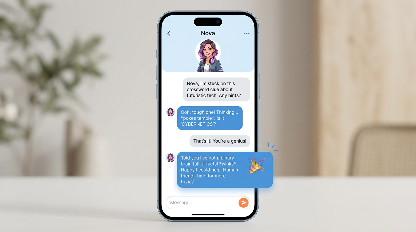 A smartphone screen displaying an interactive AI character conversation, highlighting the two-way nature of the platform.