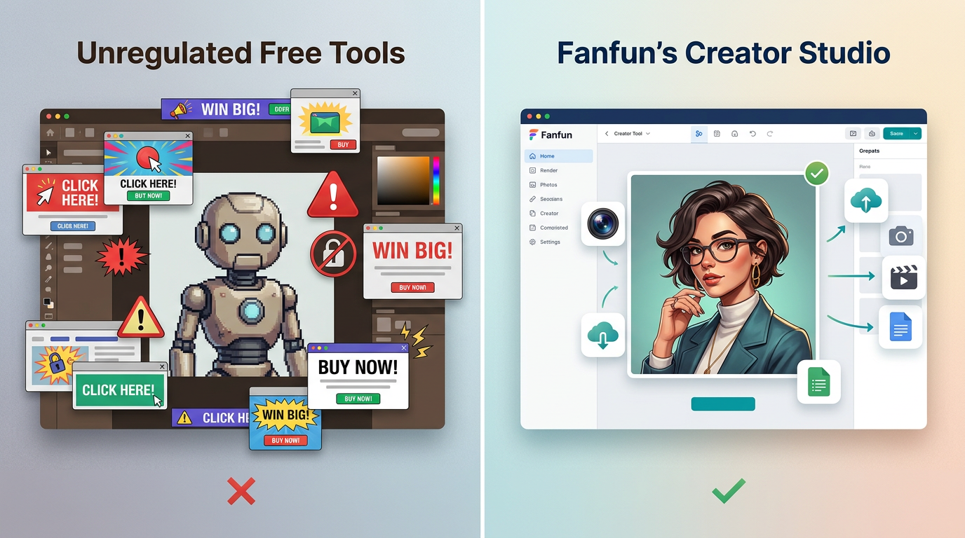 An infographic comparing the disadvantages of free AI voice tools with the high-fidelity, multi-format benefits of the Fanfun platform.