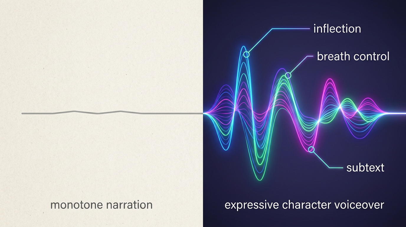 A comparison graphic showing the difference between flat narration and expressive, dynamic character voiceovers.