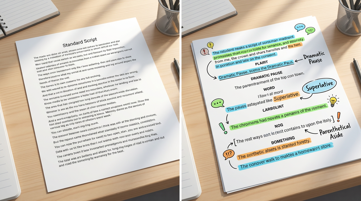 An infographic comparing a standard script with an optimized script designed for realistic AI voice generation.