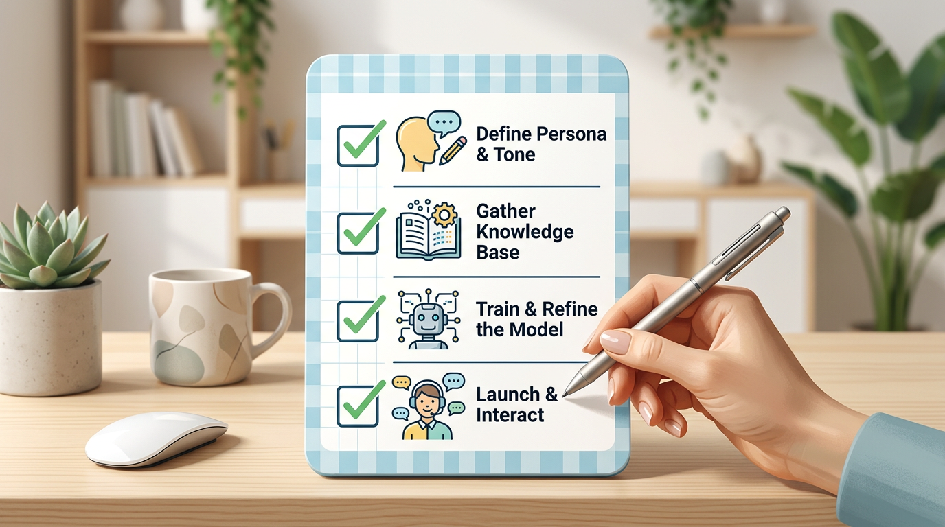 A checklist graphic for creators detailing the four steps to building an AI-powered persona.