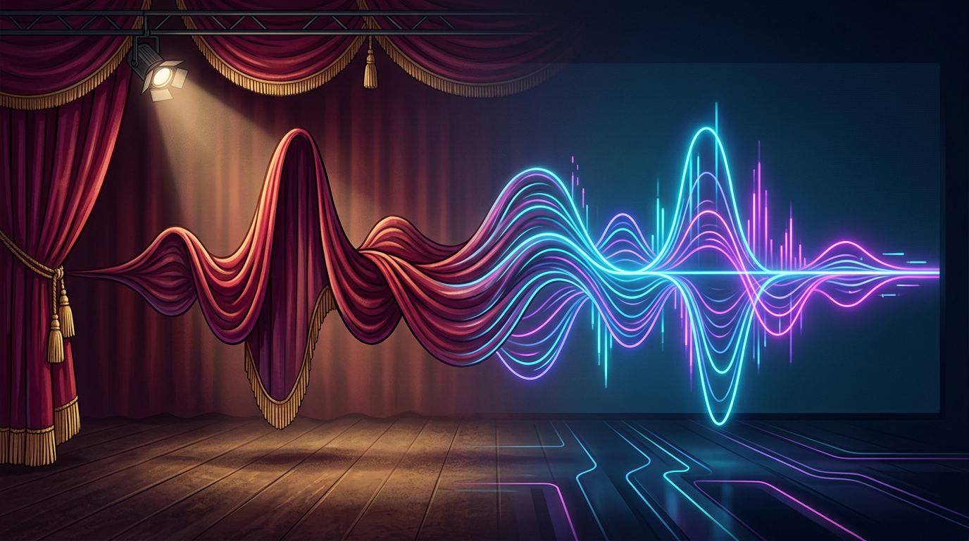 A creative visualization of sound waves representing the transition from traditional theater to digital AI voice generation.