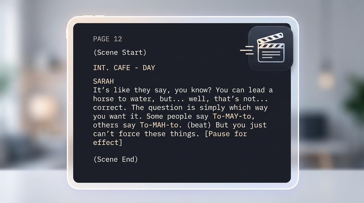 An illustration of a script editor showing phonetic spelling and punctuation marks used to direct an AI voice generator.