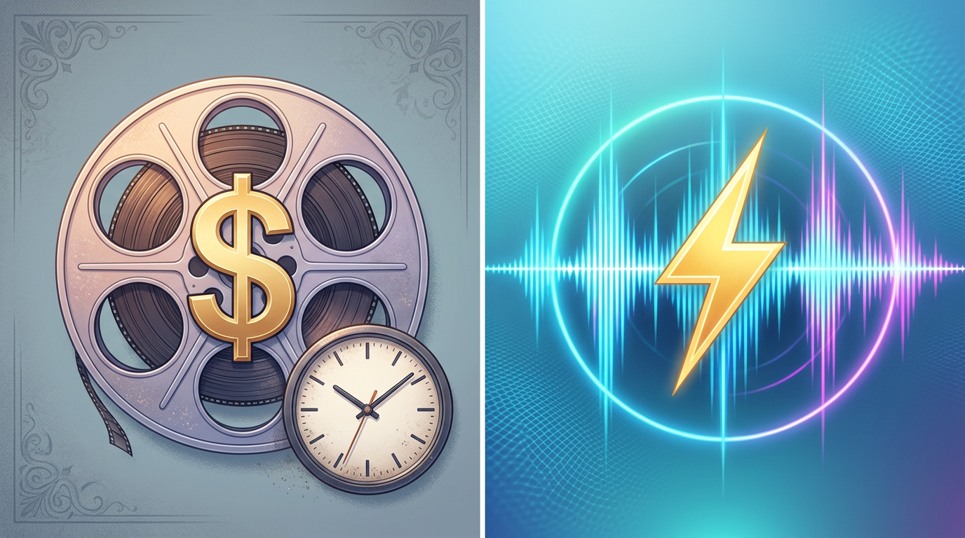 A conceptual graphic comparing traditional celebrity video bookings with instant AI-powered video tools.