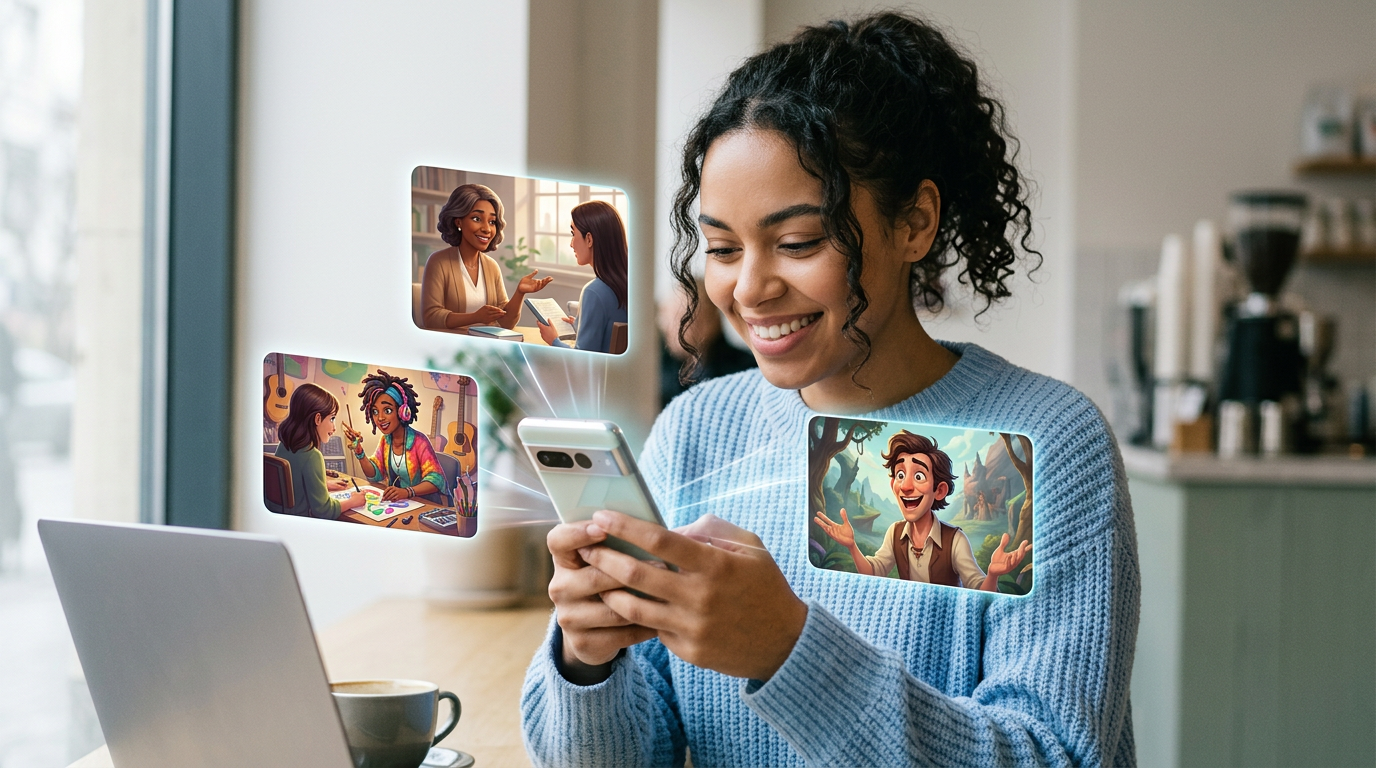 A smartphone screen showing an interactive chat interface with diverse AI personas, from sitcom stars to cartoon icons.