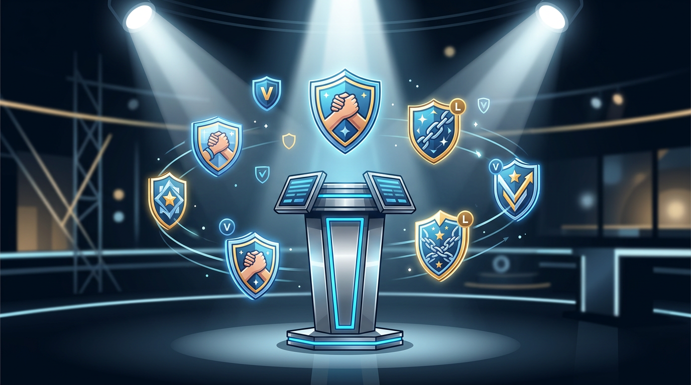 A stylized vector illustration of a reality TV voting podium illuminated by dramatic spotlights, representing high-stakes competition and strategic alliances.