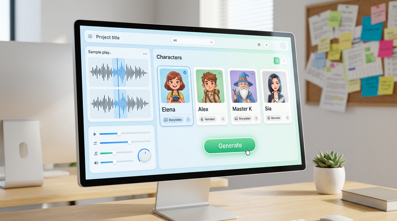A sleek digital interface of a premium AI voice generation platform showing audio waveforms and character selection options.