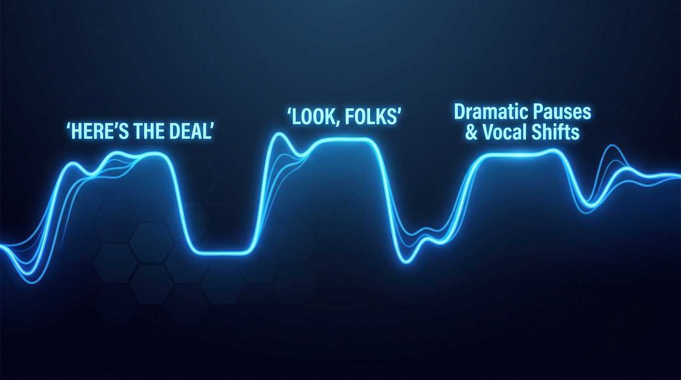 An infographic displaying an audio waveform with highlighted key phrases and pause markers for directing an AI voice script.
