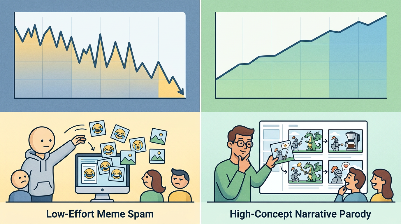 A comparison chart showing the audience retention rates of low-effort memes versus high-concept narrative AI voice content.