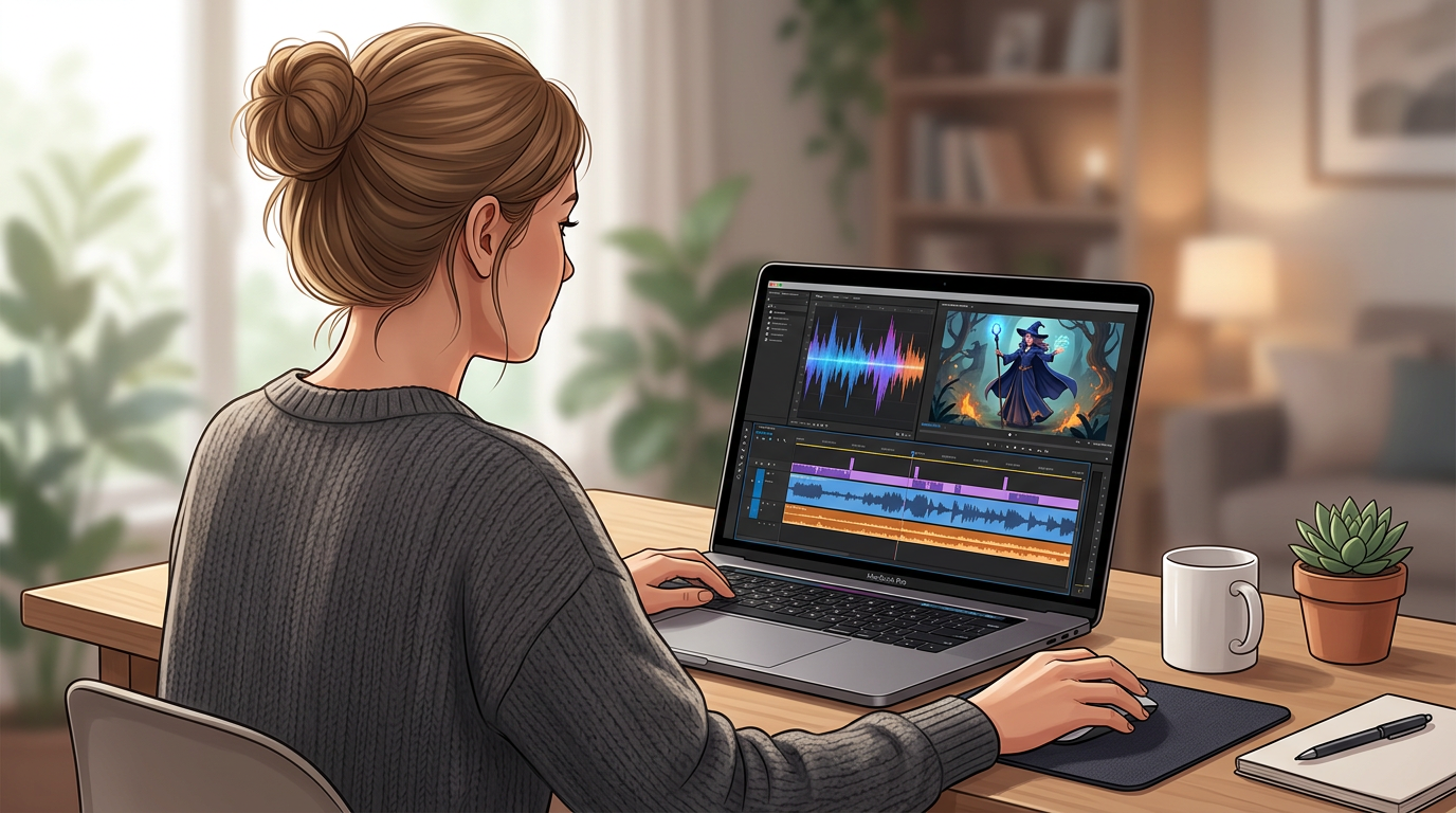 A content creator editing an interactive video with a waveform editor on a laptop screen.