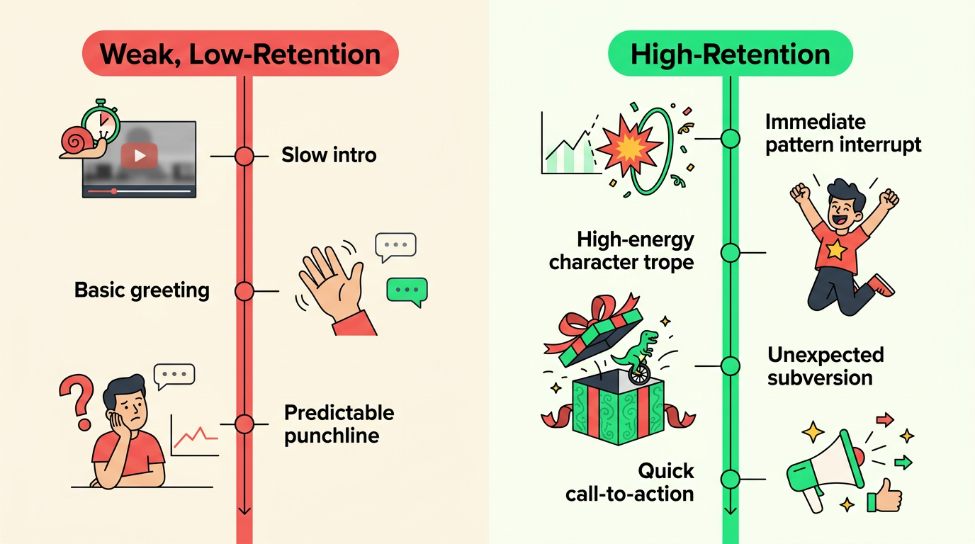 Infographic comparing a weak AI script structure with a high-retention, high-impact script structure.