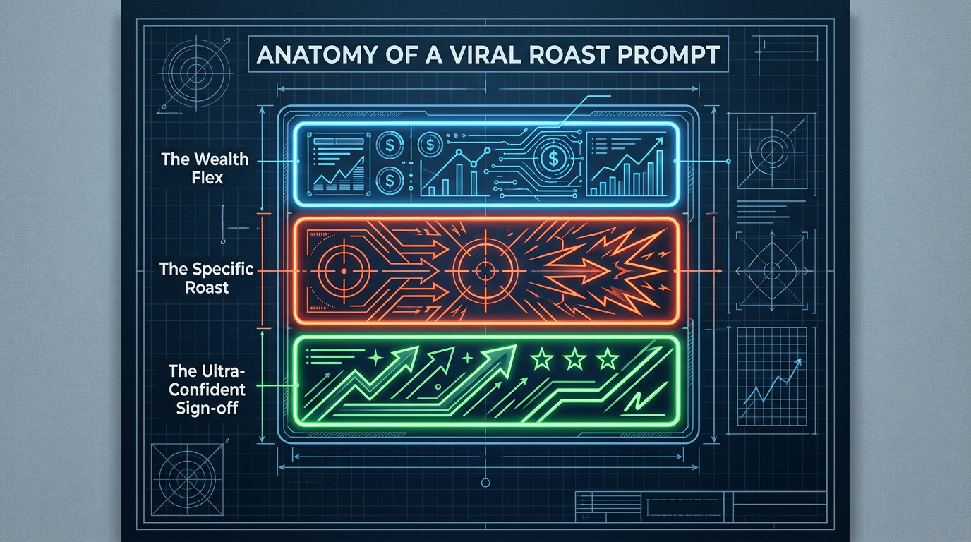 An infographic detailing the three-part structure of an effective viral character roast prompt.