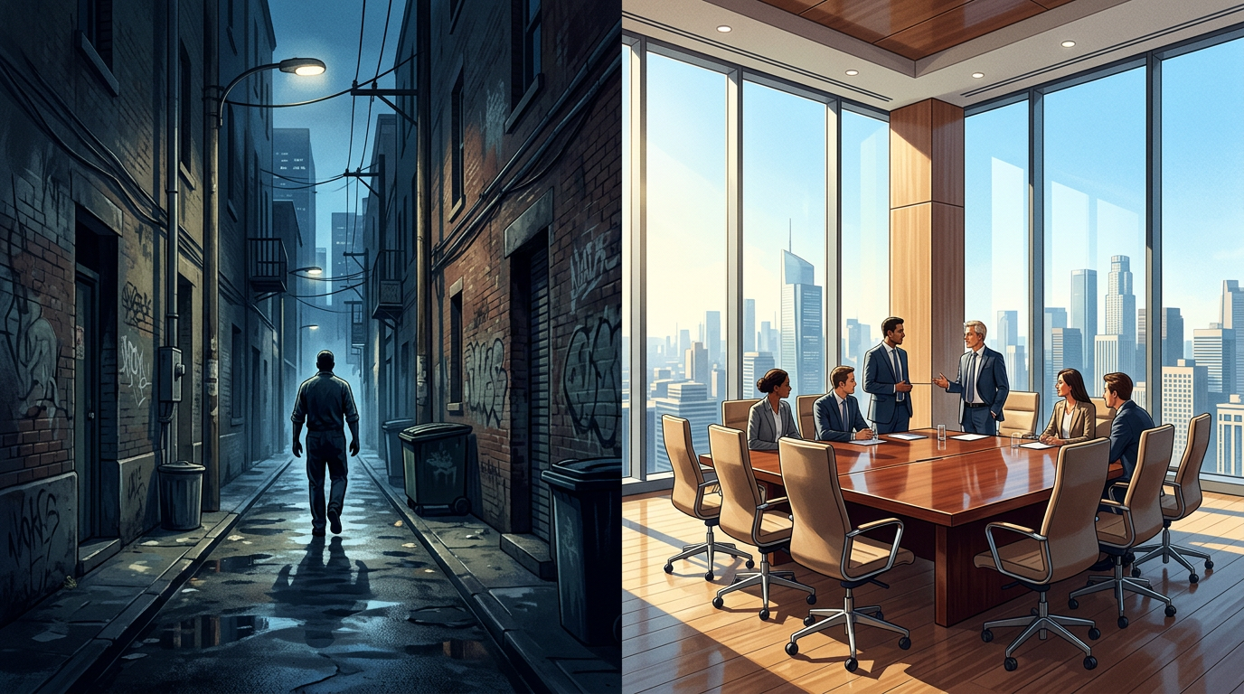 Split-screen graphic showing the contrast between raw physical power and institutional corporate power.