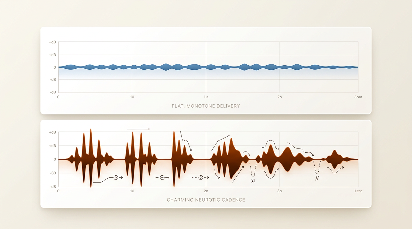 An infographic comparing a flat vocal waveform to a dynamic, high-energy waveform with annotations for rapid-fire speech and self-correcting pauses.