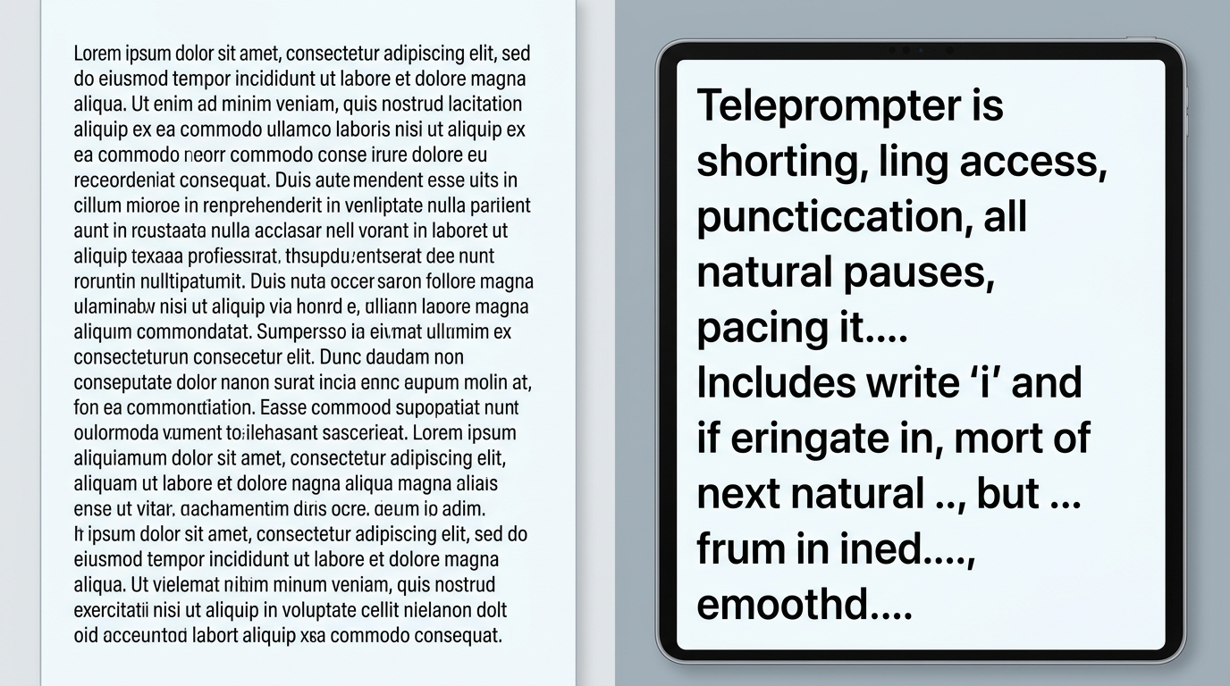 A comparison graphic showing a standard text block versus a formatted teleprompter script optimized for AI voice pacing.