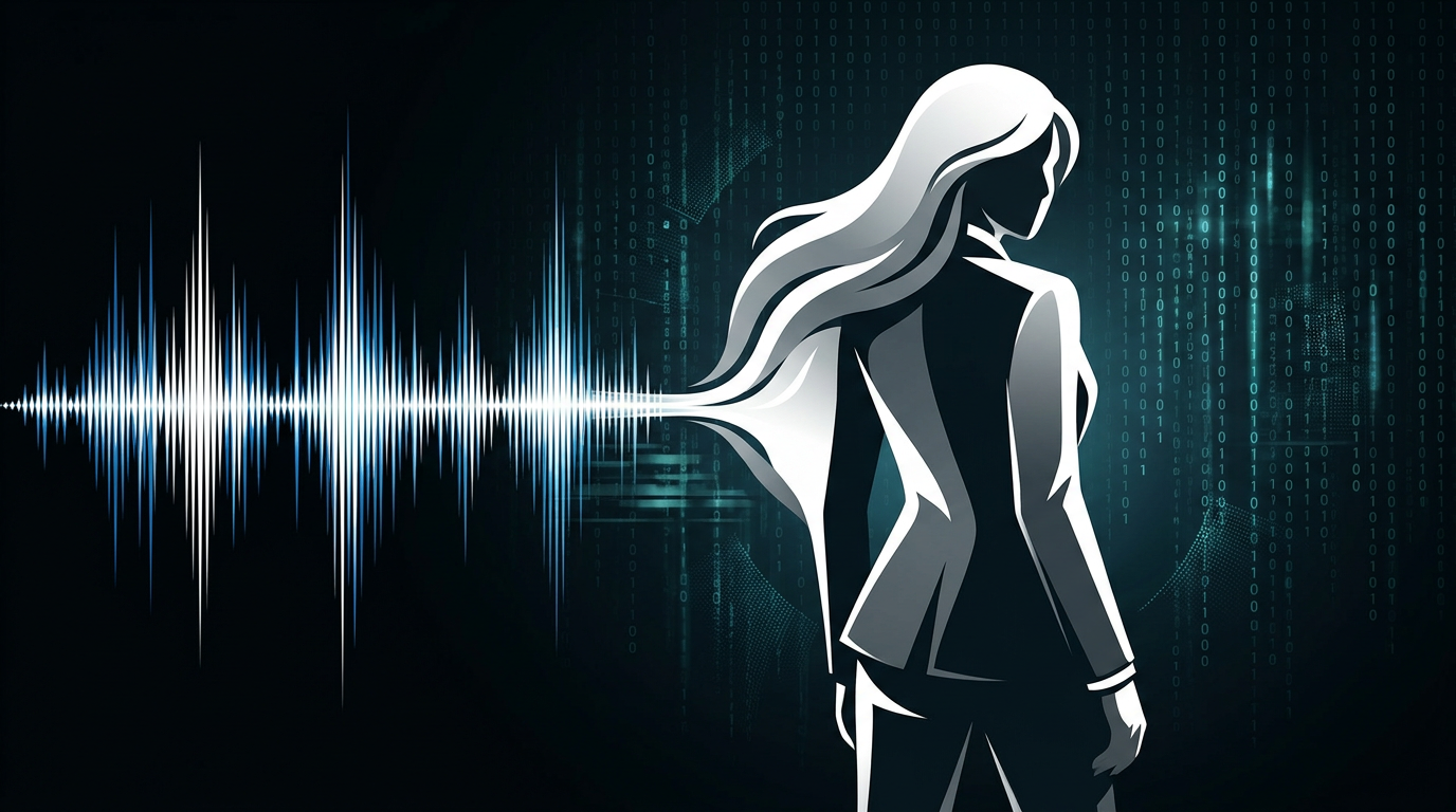 A stylized graphic showing an audio waveform transforming into a silhouette of a cinematic action hero, representing the translation of voice to visual persona.