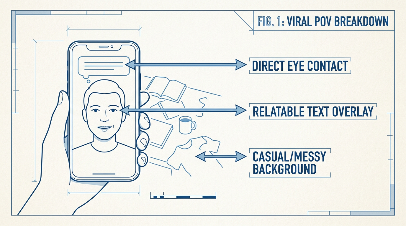 Diagram showing the key visual elements of a viral POV TikTok video, including eye contact and text placement.