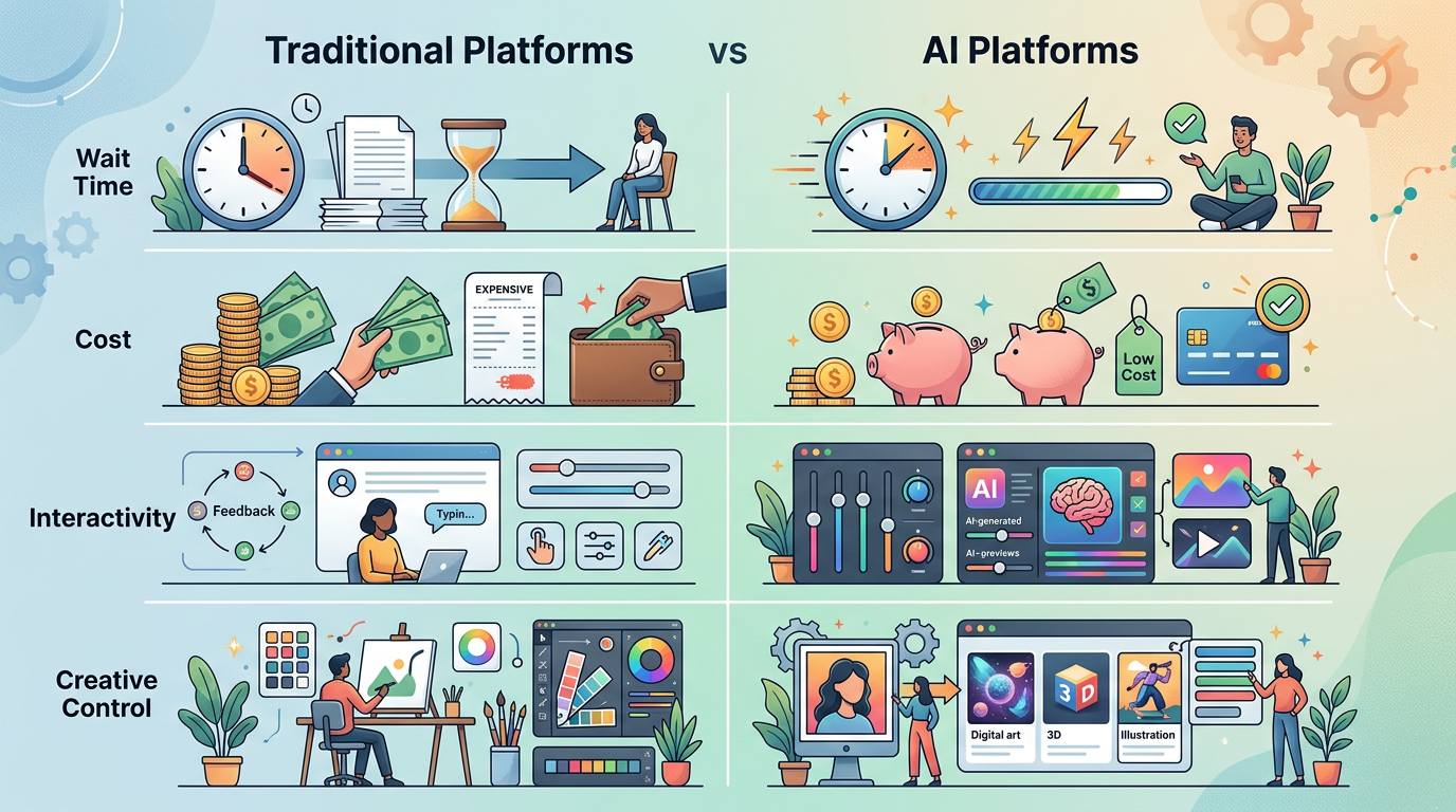 A comparison chart highlighting the benefits of AI-driven persona interaction over traditional video requests.