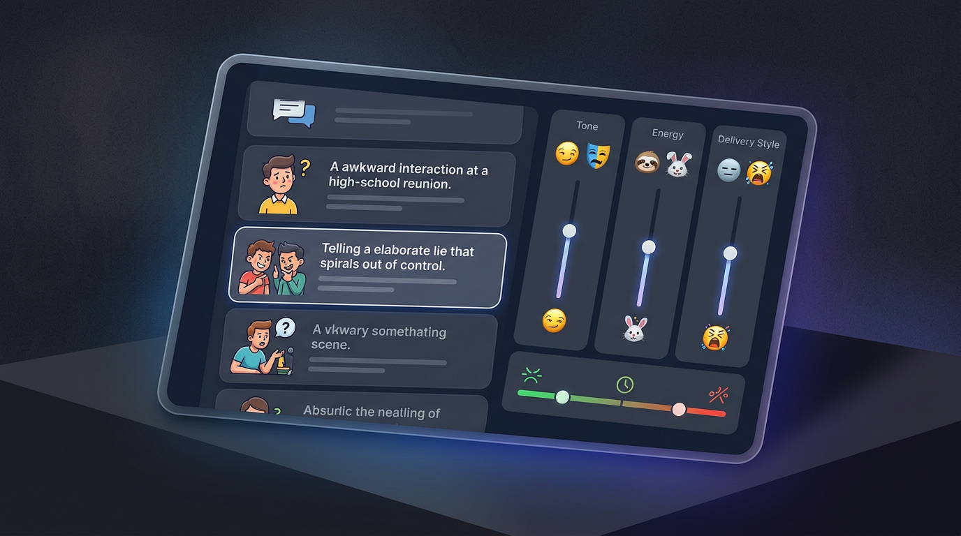 A digital mockup of a script editor interface with customizable settings for generating nostalgic comedic content.