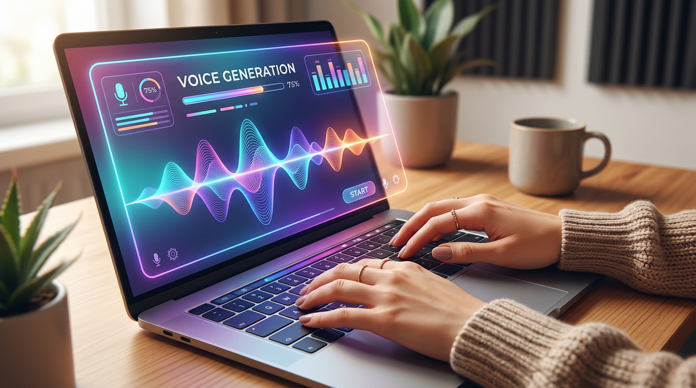 Close-up of a content creator using an AI voice generator interface on a laptop.