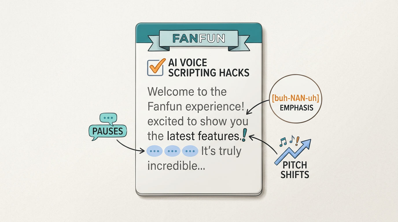 An annotated script cheat sheet showing how to use punctuation and phonetic spelling to direct an AI voice generator.