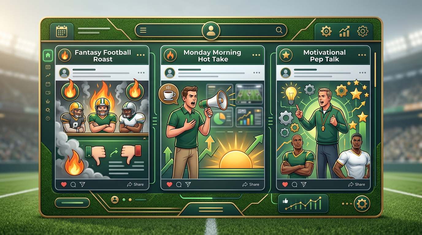 An infographic detailing sports content formats including fantasy football roasts and motivational pep talks.