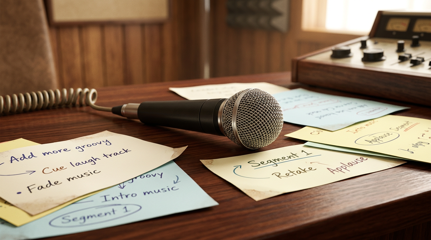 A vintage 1970s microphone on a desk with colorful script pages, channeling retro TV production vibes.