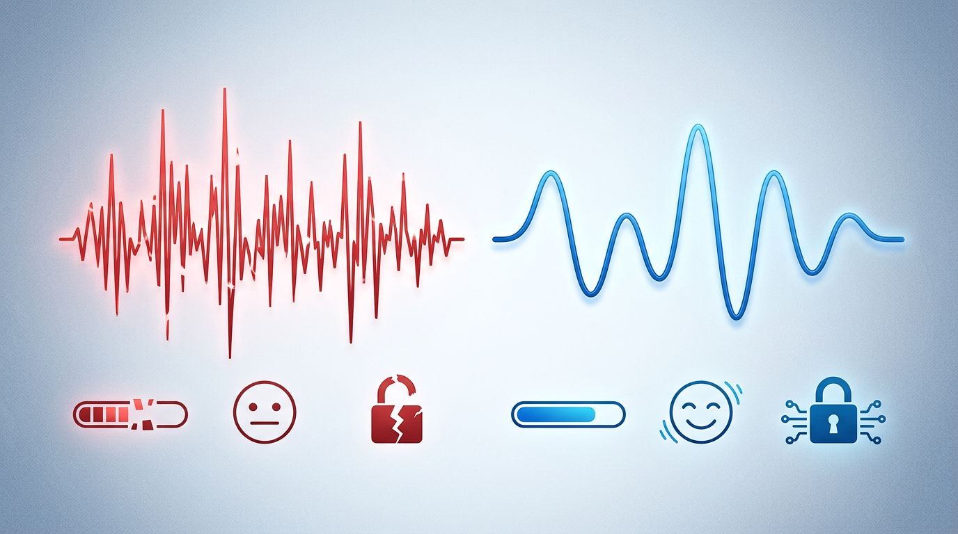 An infographic comparing the distorted soundwaves of free voice tools against the clean, expressive waveforms of premium AI voice generators.