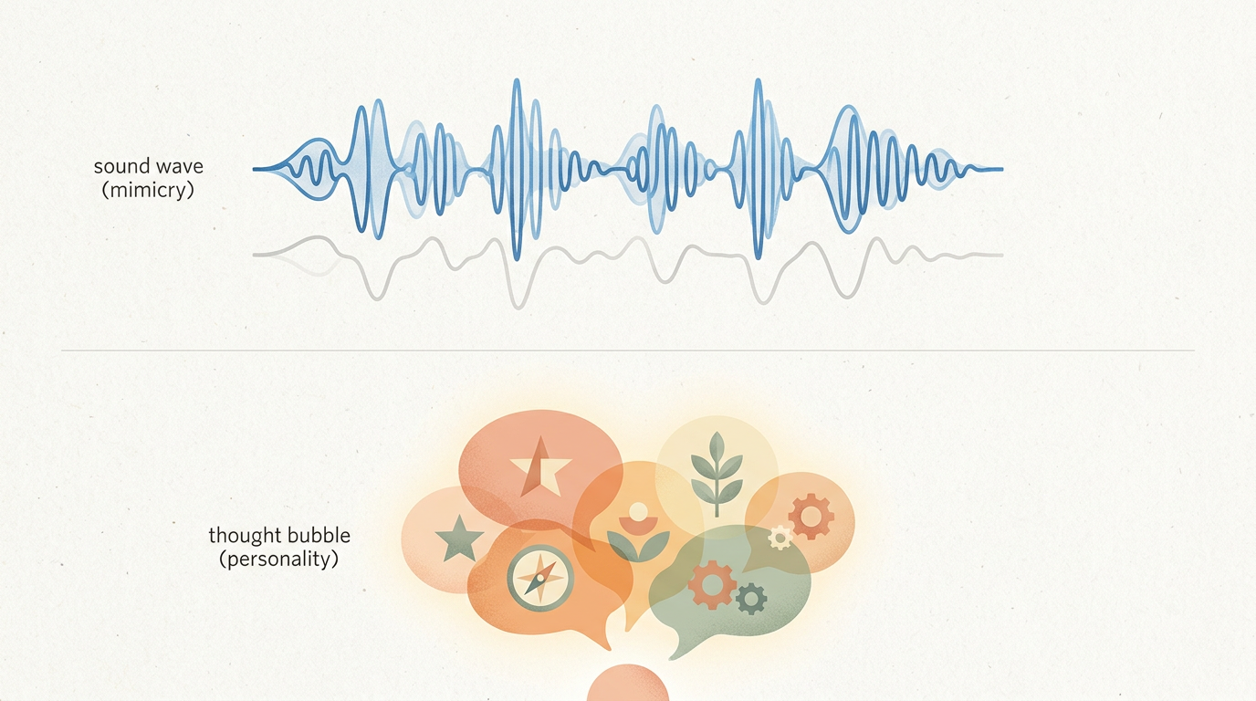 Comparison of basic sound mimicry versus intelligent, character-driven AI interaction.