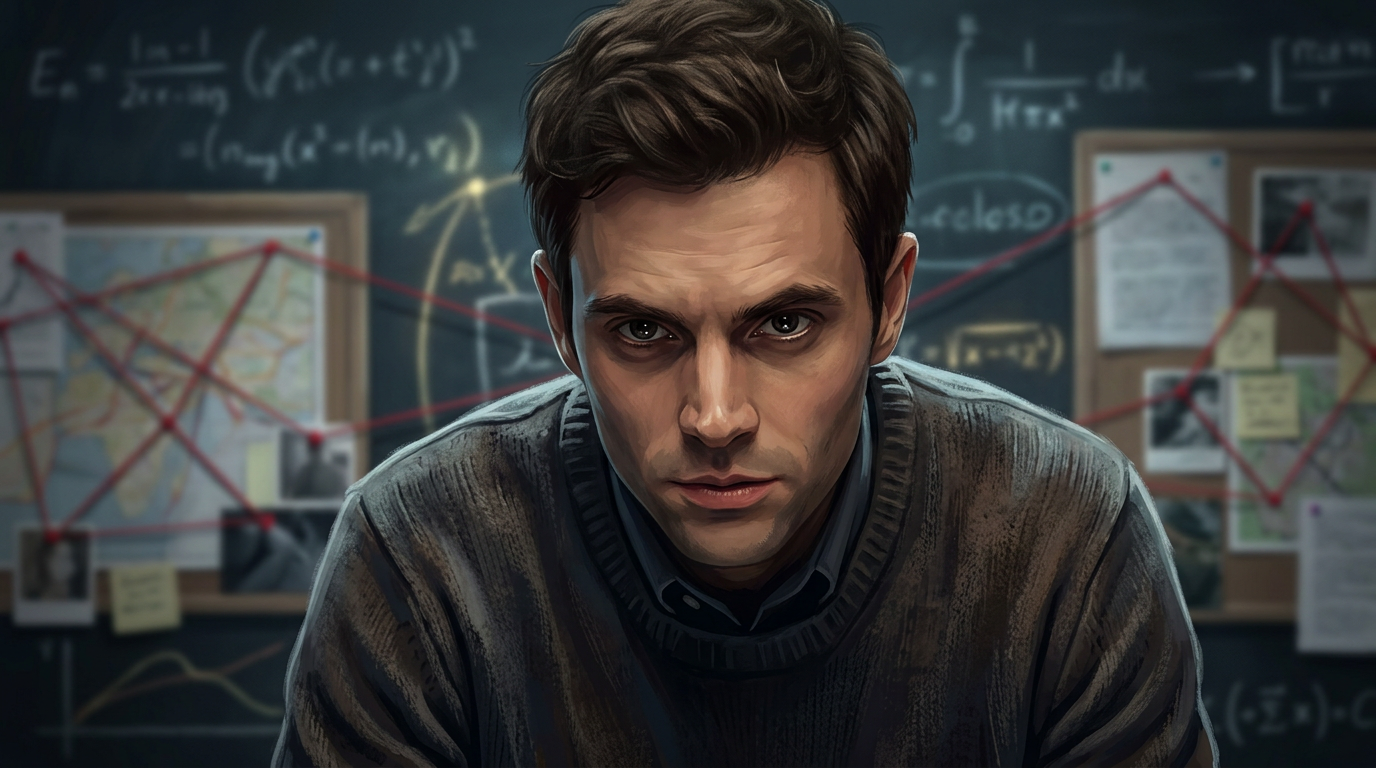Dramatic digital art of an intense, analytical character surrounded by mystery board elements, representing high-stakes thriller archetypes.