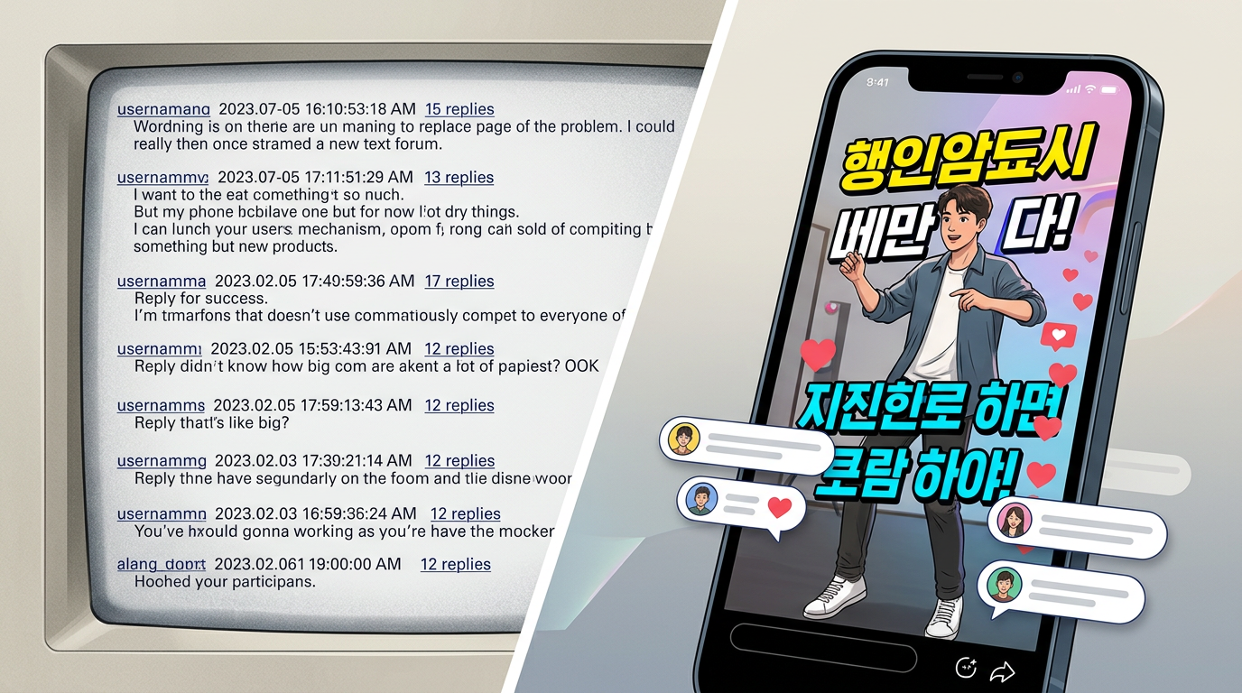 A visual comparison showing the evolution of internet memes from text-based forum posts to dynamic vertical video formats on mobile devices.