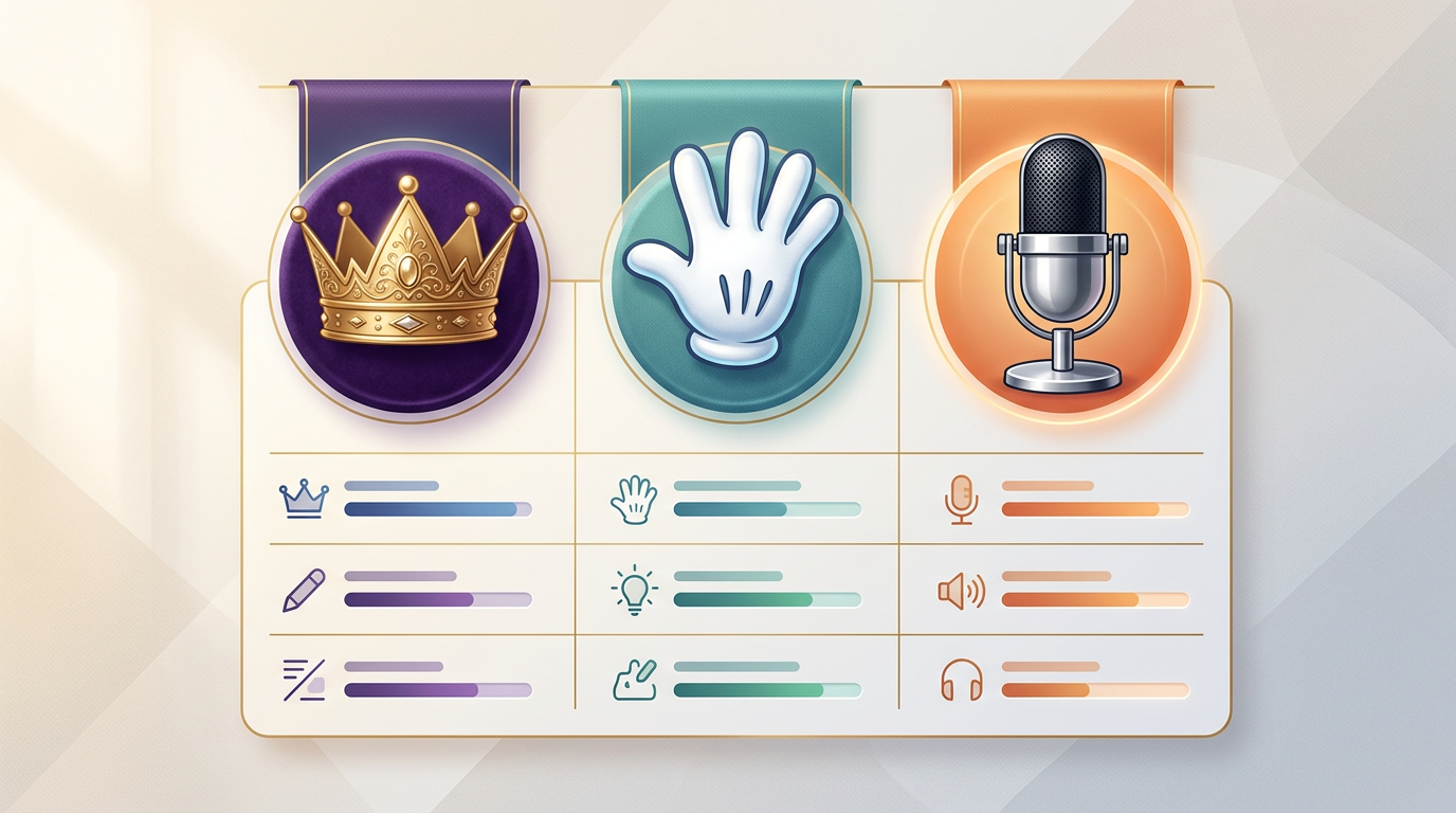 An infographic matrix showing three different vocal style icons: a crown, a cartoon glove, and a microphone, designed for content creators.