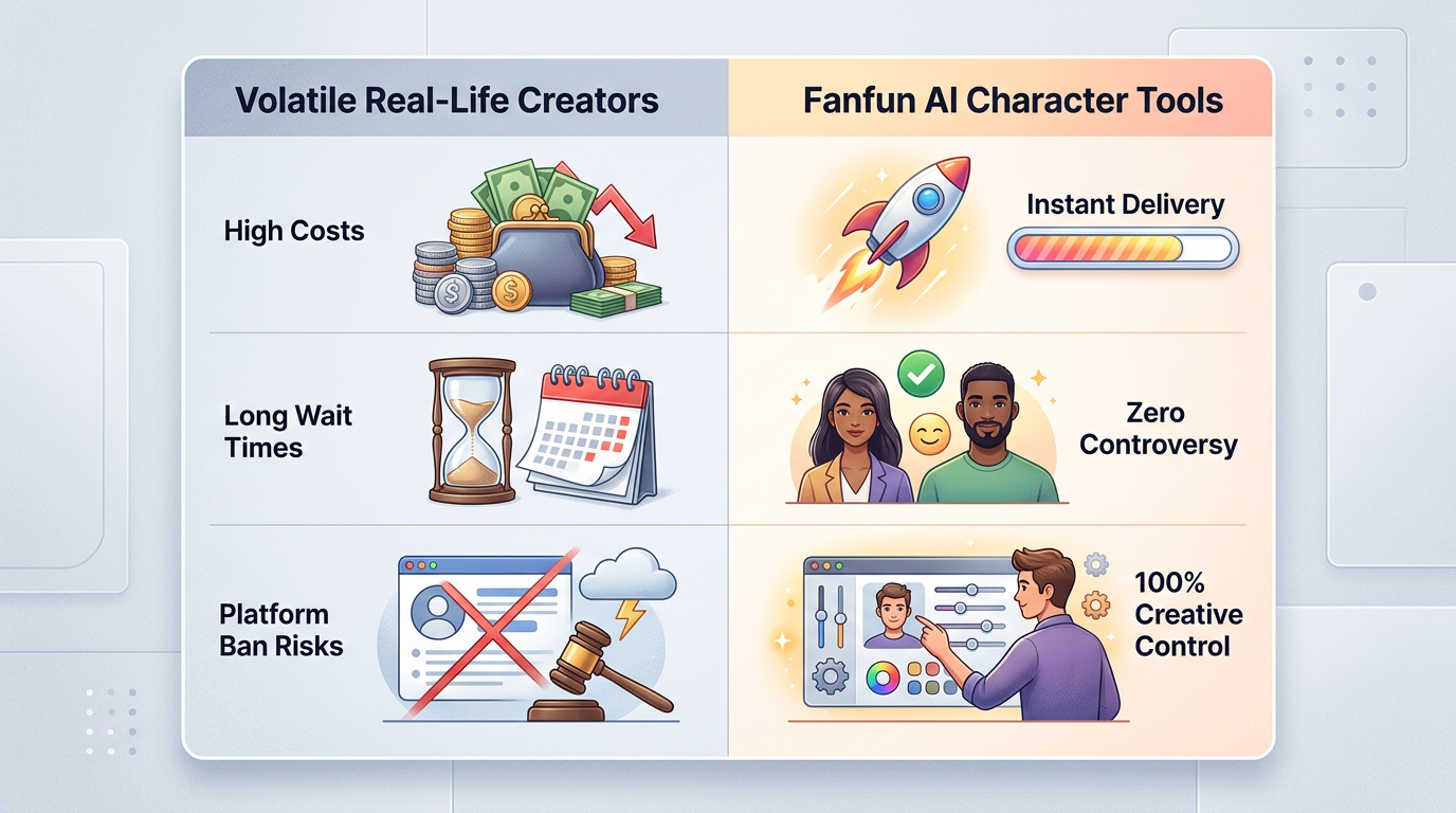A comparison chart showing the benefits of AI-driven character creation over traditional volatile creator engagement.