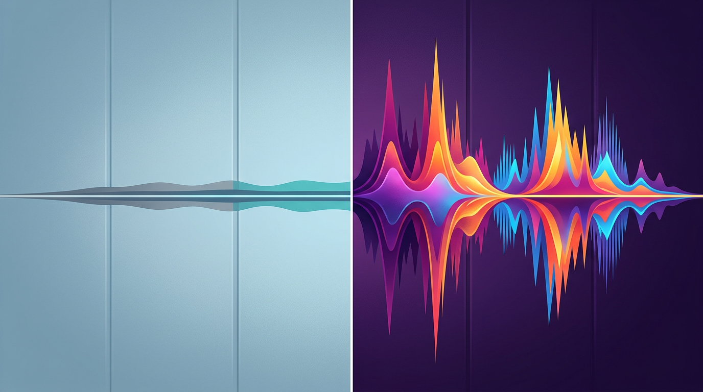 A graphic showing the contrast between a flat, boring audio wave and a dynamic, colorful, high-energy audio wave.