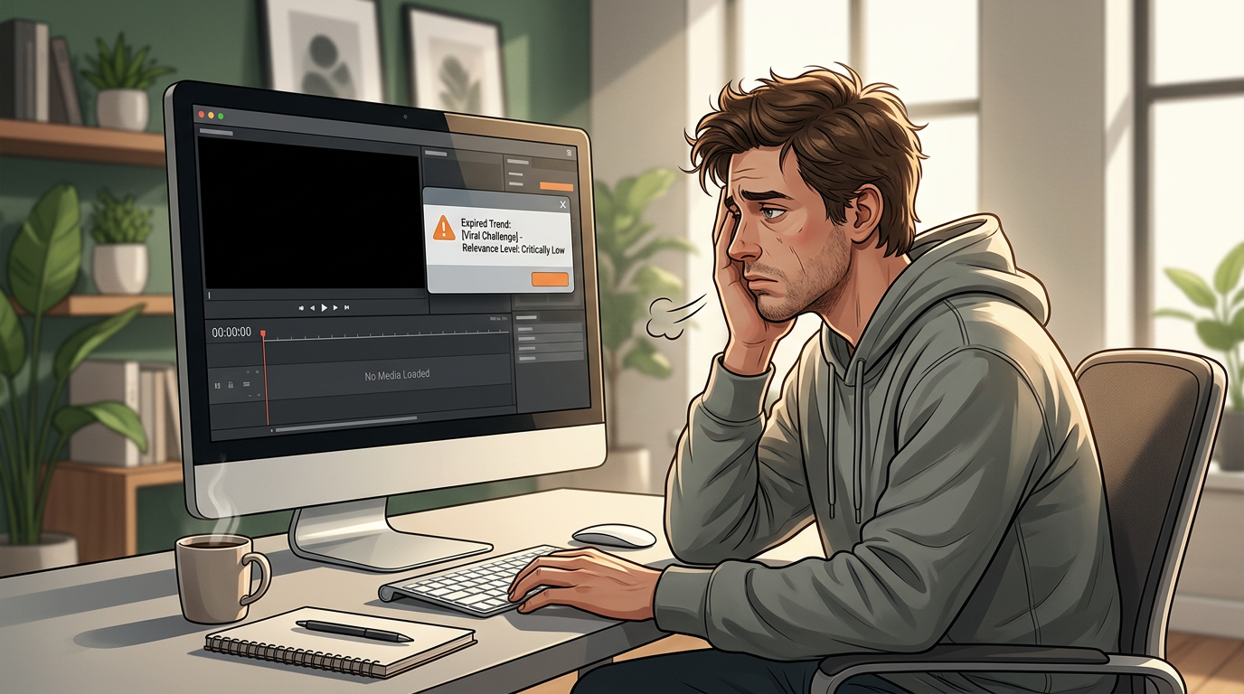 A content creator waiting anxiously at their desk for a celebrity video file to arrive while a social media trend passes by.