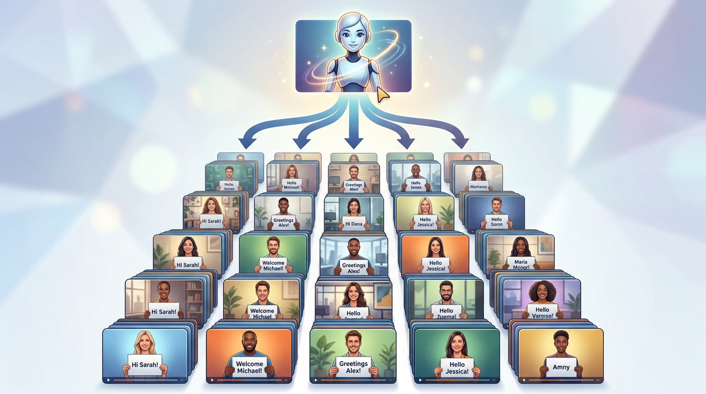 A diagram illustrating how a single AI video template can be scaled into dozens of personalized outreach videos for B2B prospects.