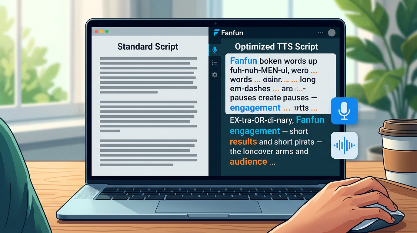 A split-screen view comparing a standard written script with an optimized AI voice generator script featuring dramatic punctuation and phonetic formatting.