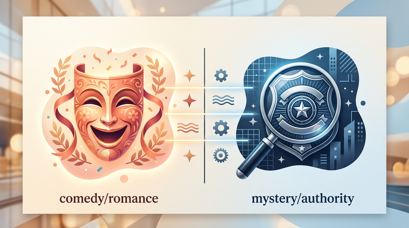 An illustrative comparison graphic showing the contrast between romantic pop-star energy and quiet dramatic authority.