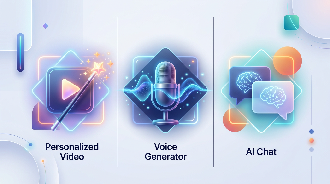 Infographic displaying the three core products of Fanfun AI: Personalized Videos, AI Voice Generator, and AI Chat.