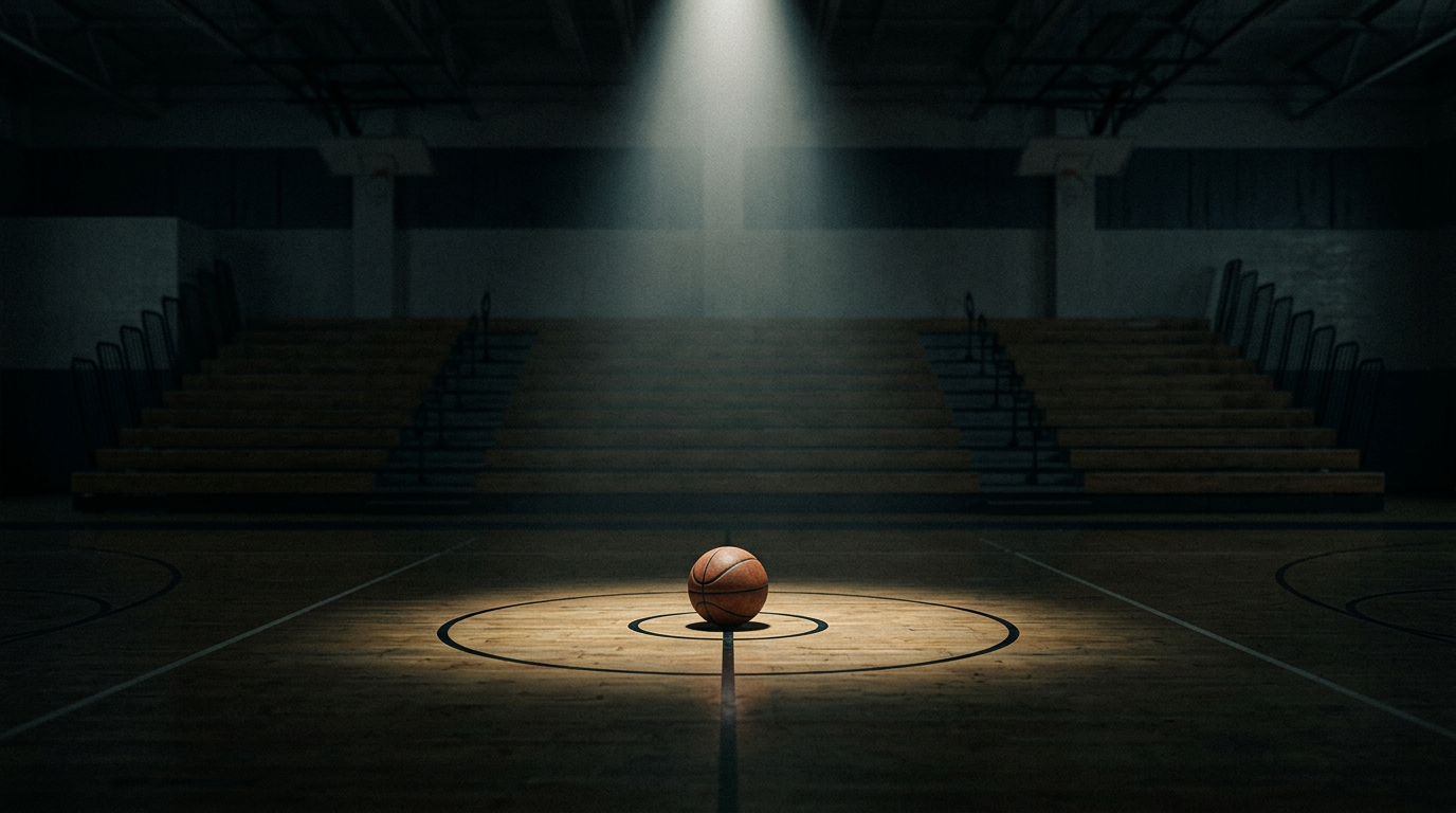 An empty, dimly lit high school basketball court with a single spotlight on the center circle, evoking a dramatic teen drama atmosphere.