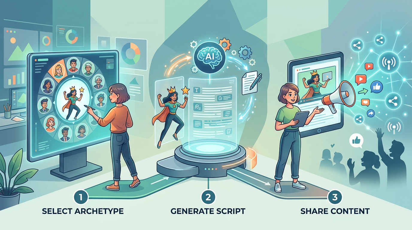Infographic showing the steps to create viral content with AI personas.