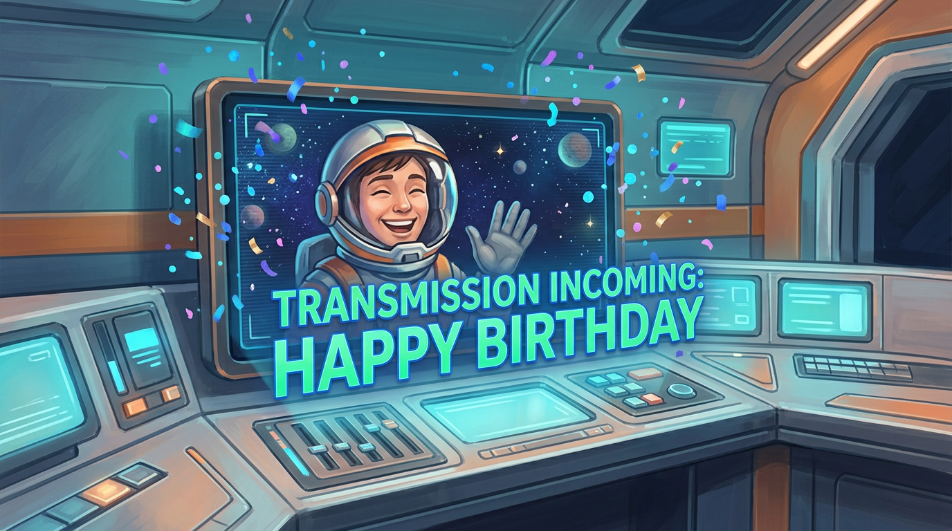 A sci-fi themed storyboard graphic showing a fictional character sending a holographic birthday message from a spaceship command center.